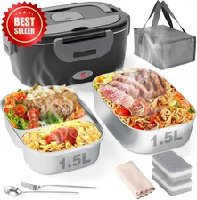 Electric Heated Lunch Box 80W Fast Dual 1.5L SS Container Portable US