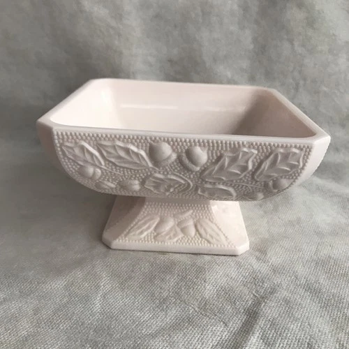Jeanette Glass Shell Pink Candy Dish Square 6.5" Pink Milk Glass Pedestal Acorns