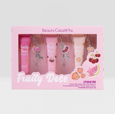 Beauty Creations Fruity Dose Lip Balm Trio Keychain Watermelon Cherry Peach
