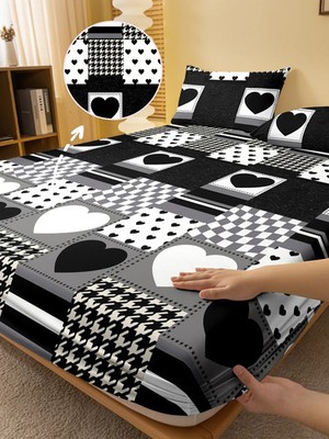 1 Simple modern Heart-Shaped Geometry printed matte Fitted Sheet, bedroom printe