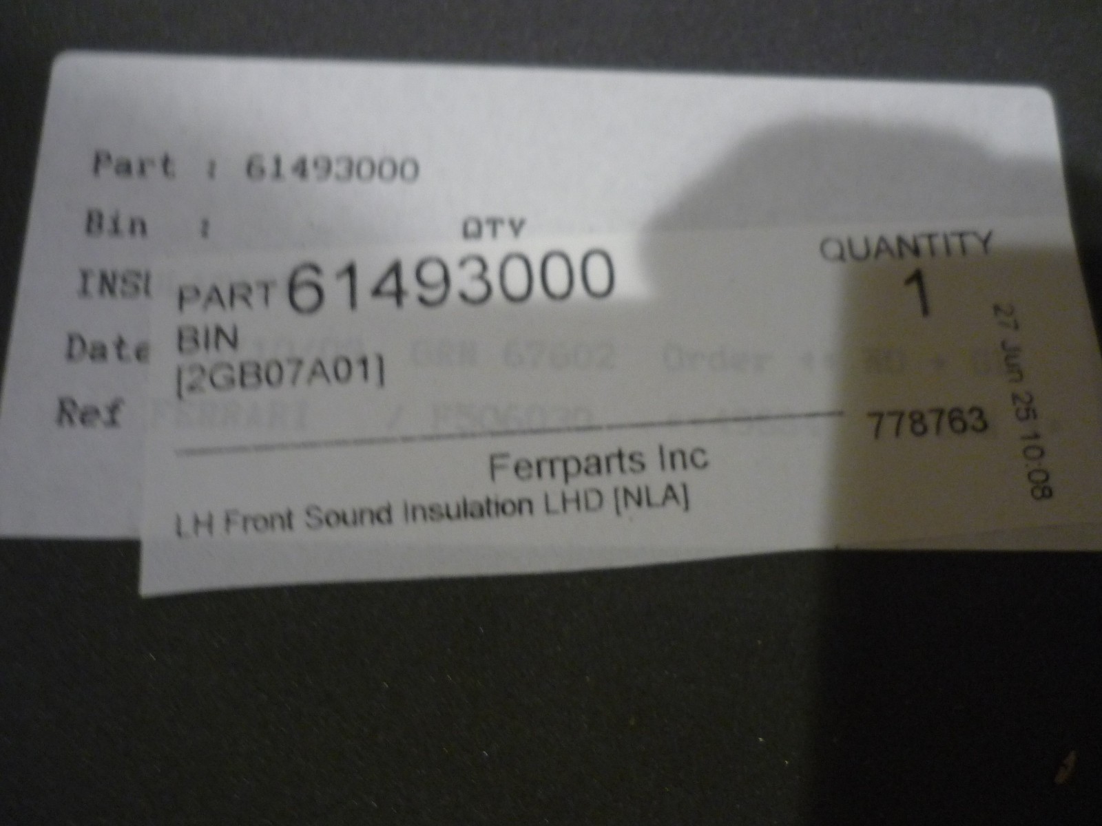 Ferrari Testarossa - LH Front Sound Insulation LHD (NEW) - P/N 61493000