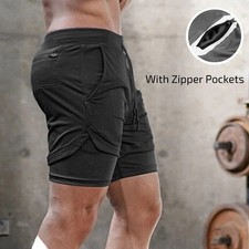 Men's 2 in 1 Sports Running Shorts Gym Training Fitness Bottoms With Pockets