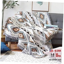 Beige Bohemian Sofa Aztec Throw Blankets Ethnic Woven 63"x86",160x220cm Mocha