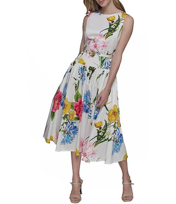 KARL LAGERFELD PARIS Poplin Floral Print Sleeveless Belted Midi Dress 2-6 S $179