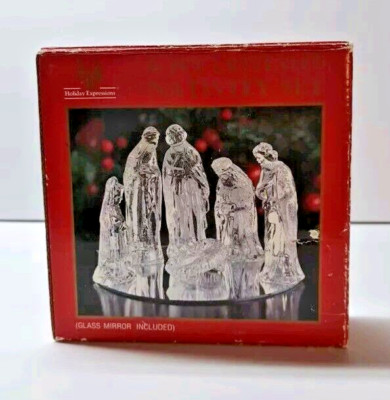 Holiday Expressions 6 Piece Crystaled Nativity Set w/ Glass Mirror Original Box 