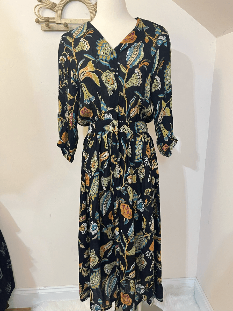 Vintage Adini New York Black Floral Rayon Maxi Dress M