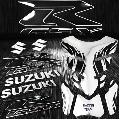Chrome Silver Tribal Fire Gas/Fuel Tank Pad+3D 6''Logo+GSXR 2-Tone Emblem Sticker