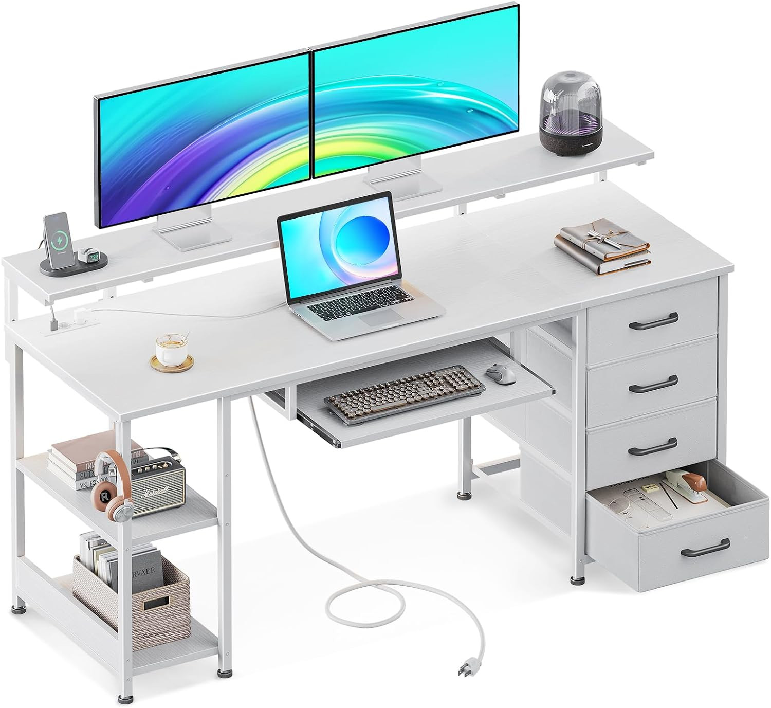 Bureau ODK avec 4 tiroirs et multiprise intégrée en bois noir pour ordinateur