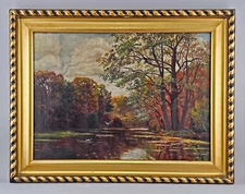 9460002-d Oil Painting Landscape Ducks At Pond Um 1900 IN Stucco Frame