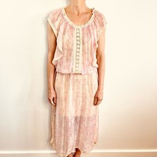 Hannah Artwear Size OS Pink & White Silk Boho Midi Dress Australian Designer