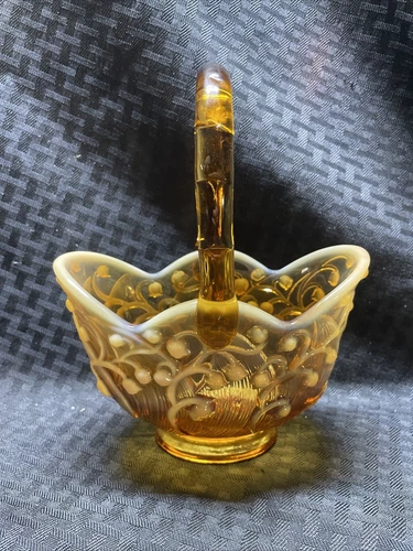 Vintage Fenton Glass Lily Of The Valley Brown Basket with Handle Caramel