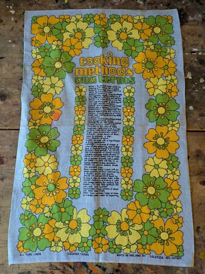 1x Vintage Retro Leinen Ulster Geschirrtuch 60er 70er Blumen Kochbegriffe Küche