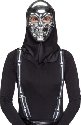 Totenkopfmaske Halbmaske Horror Totenkopf Silber mit Haube & Gummizug Halloween - Bild 1 von 4
