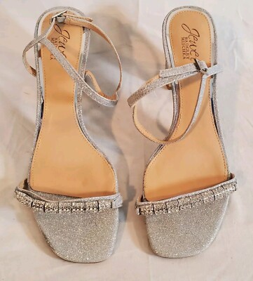 JEWEL BADGLEY MISCHKA Women's Charlee Block Heel Sandals Silver Glitter  New