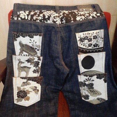 Infinity Men's Denim Jeans Pants Japanese Wafuu Embroidered Blue Size 34