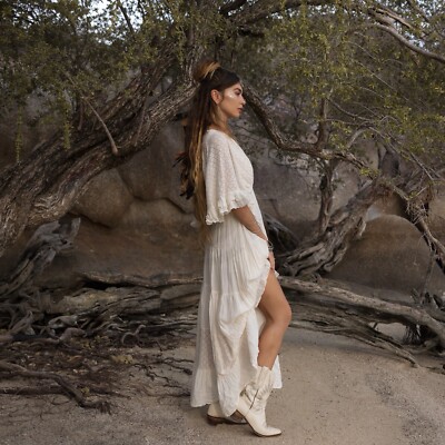 boho white engagement dress Zapaka Women White Modest Graduation Dress with Short Sleeves A Line V Neck Boho Lace Long Engagement Party Dress, White / S main image 0