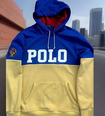 POLO RALPH LAUREN SPELL-OUT PULLOVER HOODIE COLOR-BLOCK ROYAL/YELLOW MENS MEDIUM