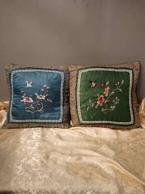 BEIJIN SET OF 2 SILK NEEDLE POINT PILLOWS BIRD FLOWER BLUE GREEN -READ