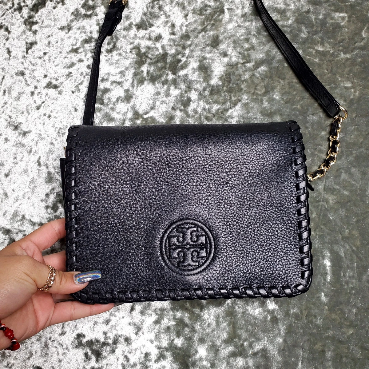 Tory Burch Marion Combo Black Leather Whipstitch Crossbody Bag eBay