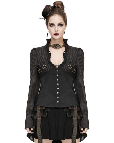 Devil Fashion Womens Steampunk Blouse Top Black Brown Stripe Victorian Gothic - Picture 4 of 24