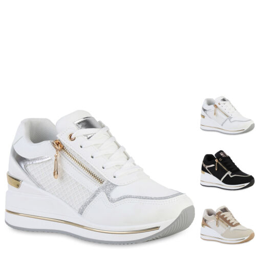 Damen Sneaker Wedges Schnürer Glitzer Zipper Profil-Sohle Schuhe 841135 New Look - Bild 1 von 10