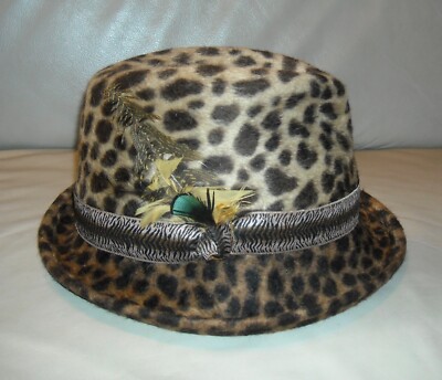 Women's Lola Leopard Print Fedora Hat With Feathers Multi Color Great  Condition
