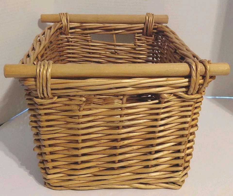 Large Basket Wood Handles Woven Rattan Wicker 15”x11”x8”  - Image 2 of 4