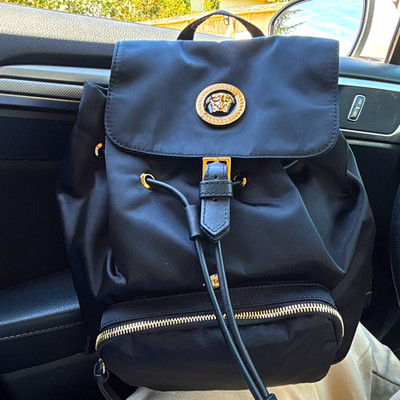 Versace La Medusa Black Drawstring Backpack w/ Dust Bag, Outer Pockets