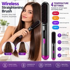 Cordless Hair Straightener Brush Ion Heated Straightening Comb USB Rechargeable