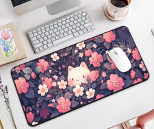 Kawaii Camellia Cat Desk Mat, Large Mouse Pad Pink Floral Non-Slip Gaming Mat
