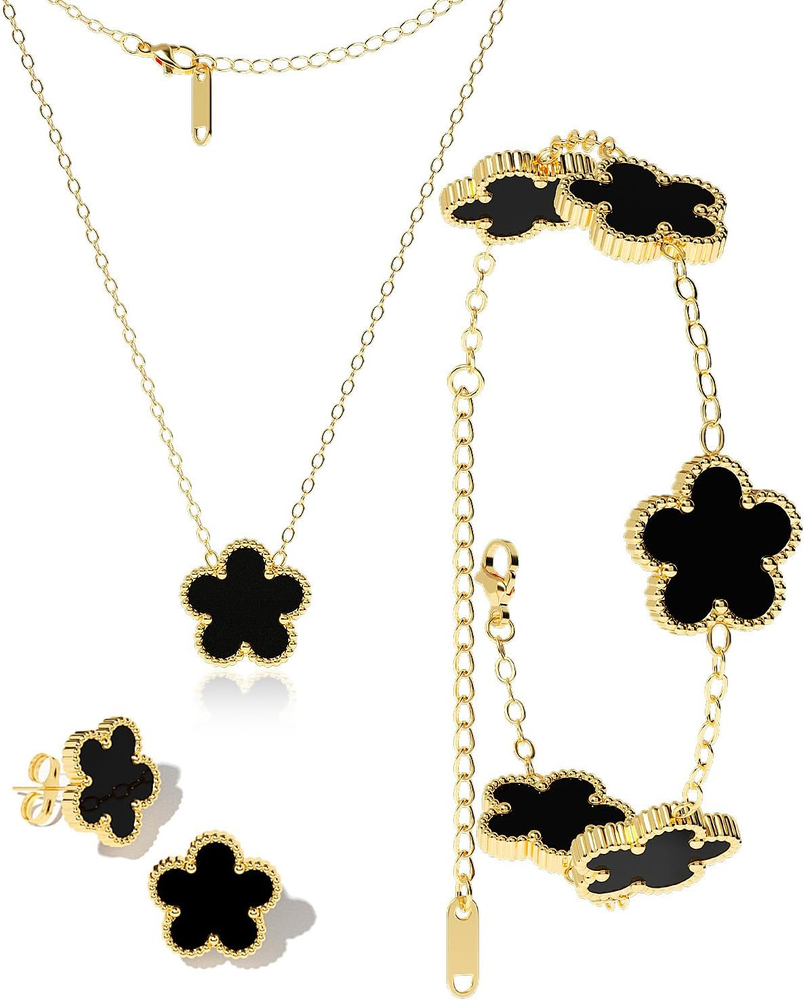18K Gold Plated Lucky Clover Jewelry Set with Necklace and Bracelet
