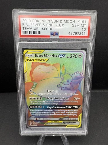 2019 POKEMON SUN & MOON TEAM UP SECRET # 191 FULL ART EEVEE & SNORLAX GX PSA 10