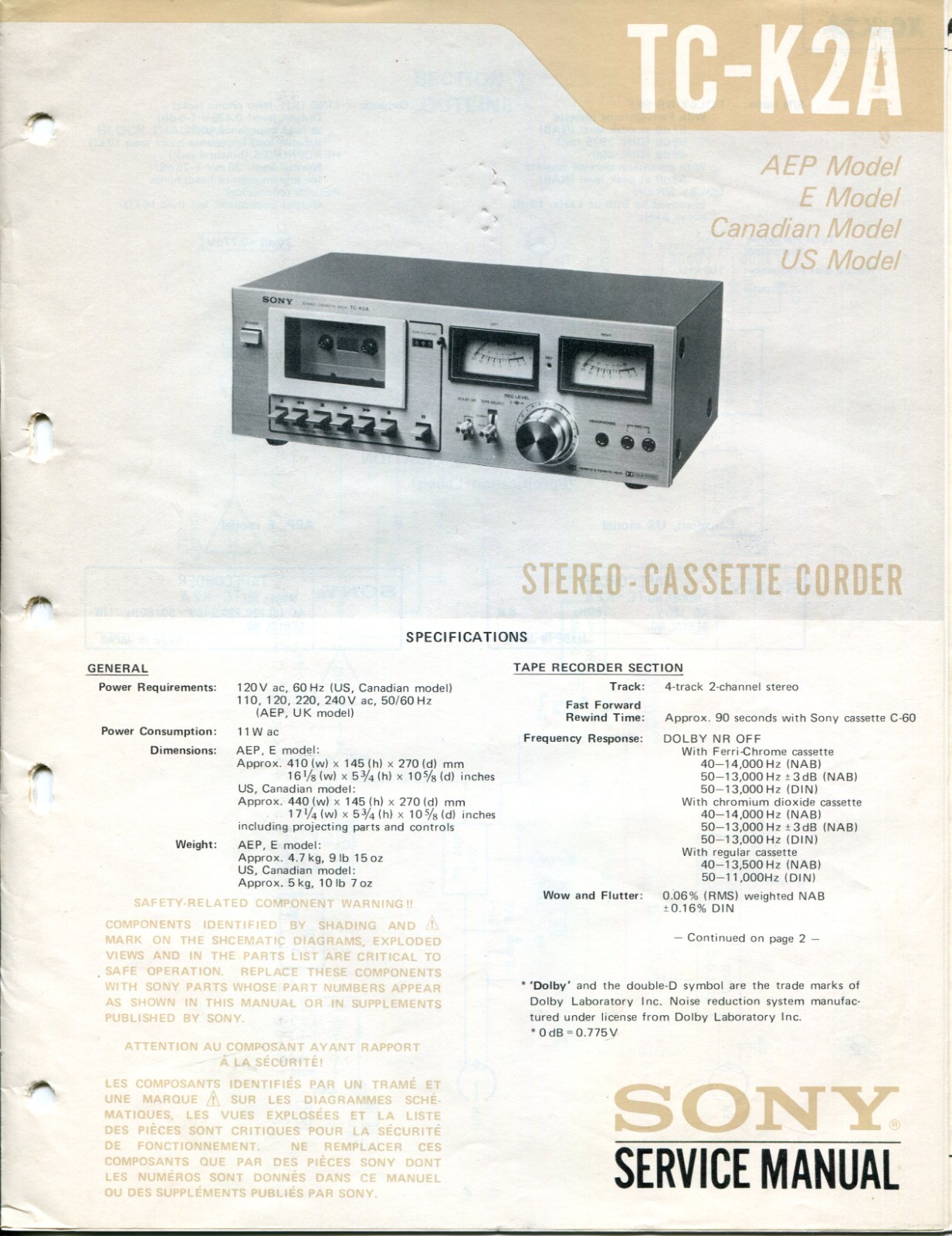 Sony TC-K2A Stereo Cassette Deck Service Manual w/Supplement