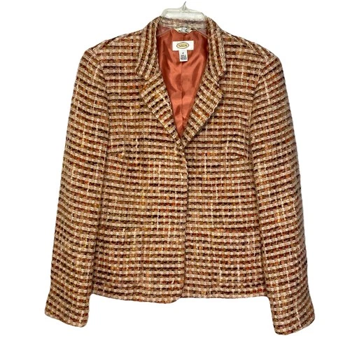 Talbots Tweed Blazer Sz 12 Plaid Italian Wool Snap Jacket Career Office Teacher