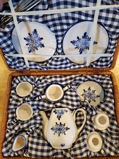Delton Vintage 14 Piece China Tea Play Set With Carry Basket Blue Pattern