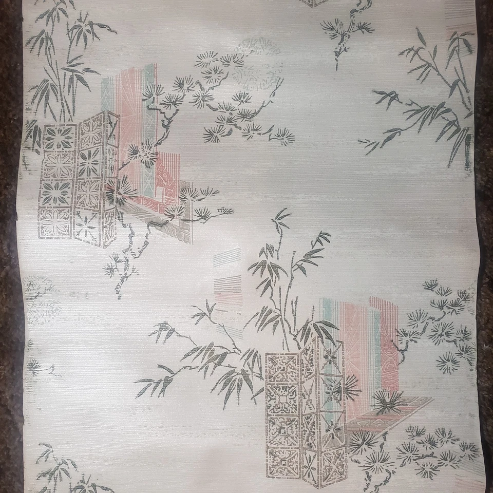 Papel pintado japonés vintage de mediados de siglo sin pegar en relieve rosa azul bambú 21" W Foto 2 de 4