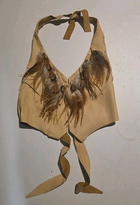 Vintage Easyriders 70 s Leather Buckskin Tie Halter Top Feathers Biker Festival