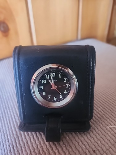 FOSSIL TRAVEL  CLOCK BLACK  LEATHER CASE  VTG