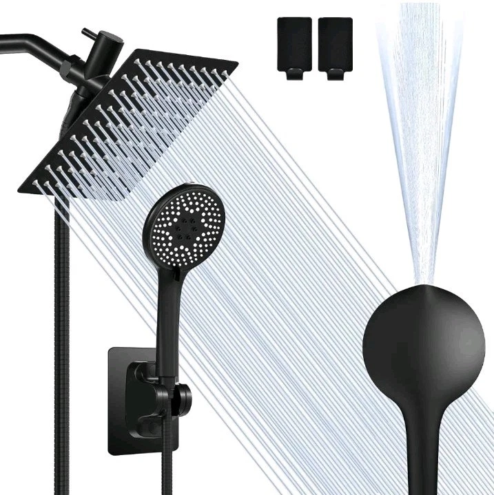 Matte Black 8" Rainfall Showerhead With Handheld Spray Combo, 4 Modes, 71" Hose