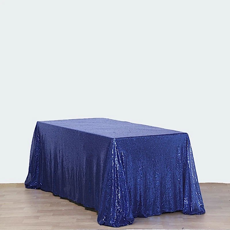 90x156" Navy Blue SEQUIN RECTANGLE TABLECLOTH Wedding Party Catering Linens - Image 2 of 4