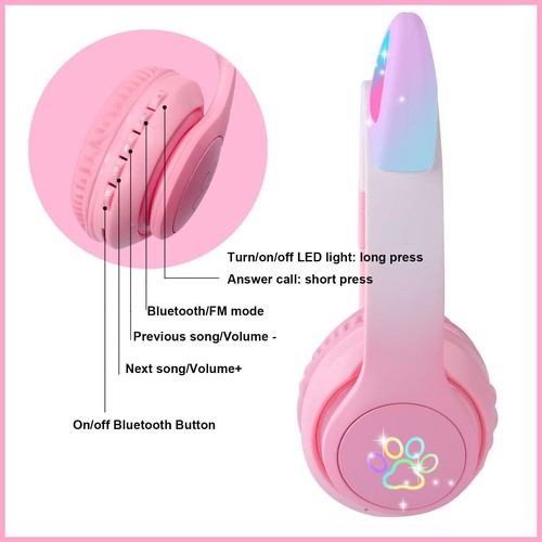 Cat Ear Kids Bluetooth Headphones for Girls Children Teens, LED Light Up Wire... - Picture 4 of 5