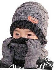 3Pcs Winter Hats Neck Warmer Scarf and Touch Screen Gloves Set for Kids A-gray