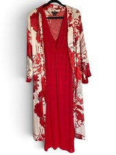 Natori 2 pc Lounge Set Robe M  Chemise Nightgown L Red Floral Satin Sleepwear