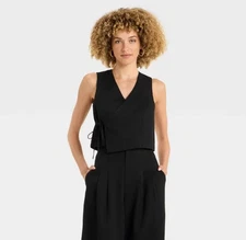 NWT Future collective sz L Black Linen Wrap Vest Top tie closure Sleeveless 3658