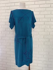 Vintage Flora Kung Silk Dress Teal Pink Abstract Art Dopamine Mod Shift Belt 80s