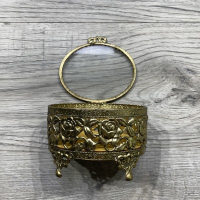 Antique 1930s/40s Gold Jewelry Box Elegant Floral And Uellow Holder True Vintage