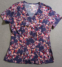 Koi Stretch Women s Purple Floral Short Sleeve Medical Scrub Top / Size S