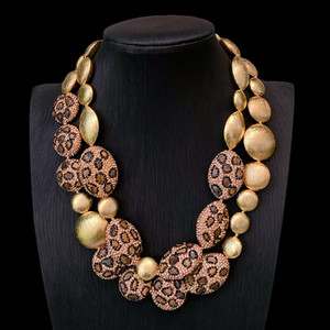 Authentic 2 Strands Tiger Eye Chips Bead Copper Gold Plated Brushed Statement Necklace