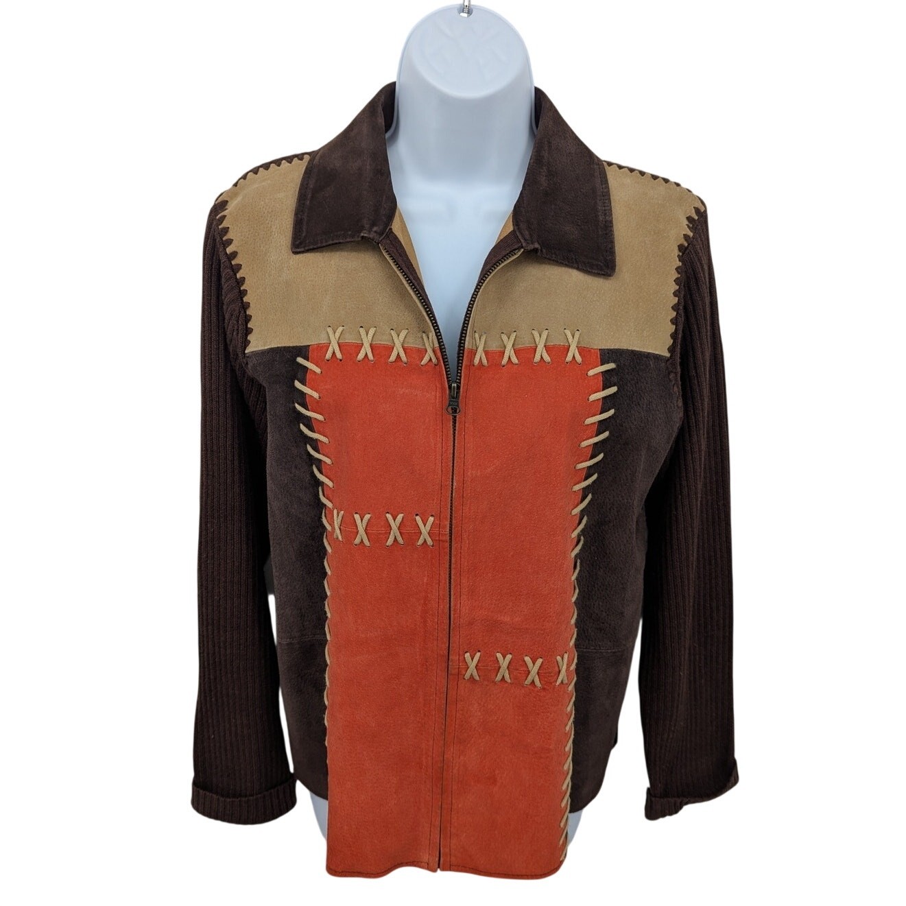 VTG Patchwork Leather Jacket Sz Medium Ribbed Kni… - image 2