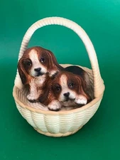 Vintage 2 Beagle Pups in a Wicker Basket Figurine